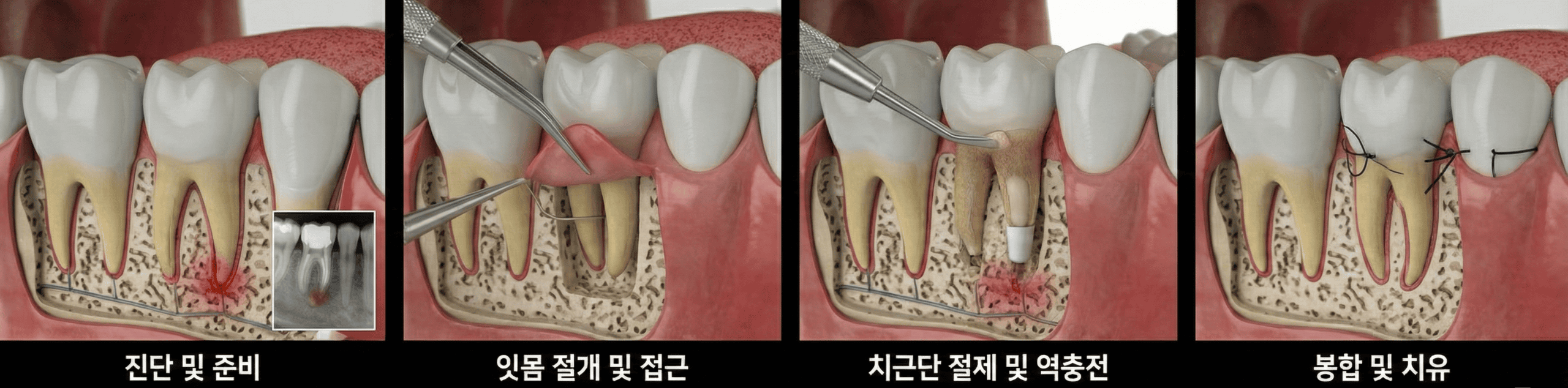 성북구 성모치과의원 치근단절제술 과정 — 진단·잇몸절개·치근단절제·봉합 4단계