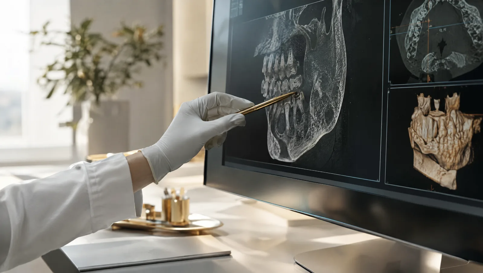 3D CT 단면 화면을 펜으로 짚는 연출 이미지